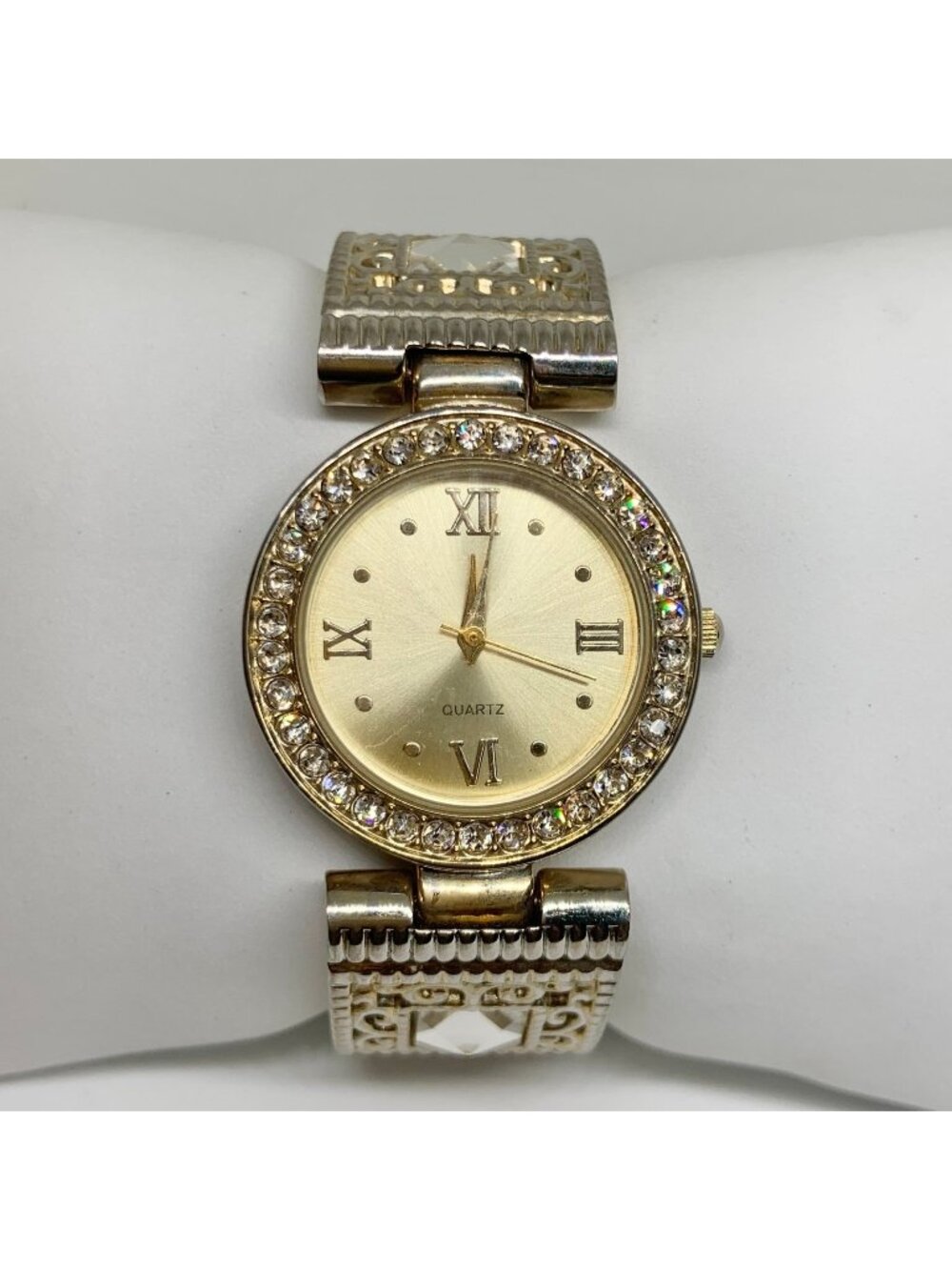 Geneva gold tone women’s cuff bracelet watch 31mm rhinestones quartz running